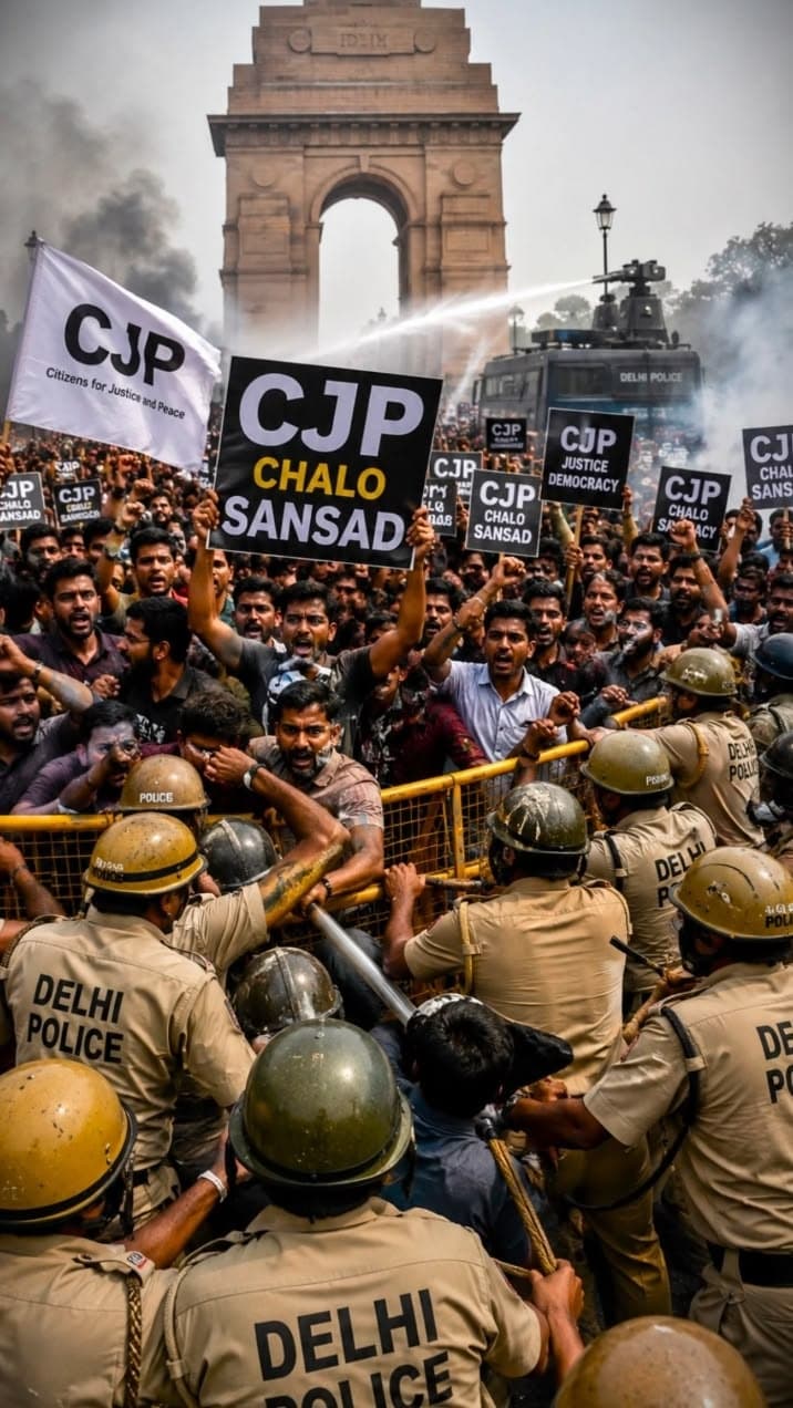 CJP demonstrators at India Gate, signs reading "CJP Chalo Sansad"